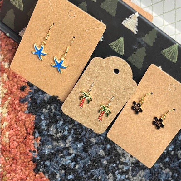 HANDMADE Earring Set of 3 Pair ~ Starfish, Palm Tree & Hawaiian Flower Earrings - Picture 5 of 5